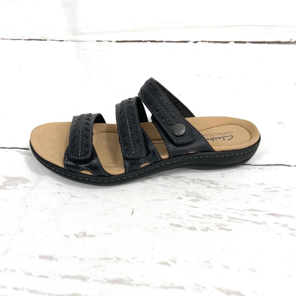 Clarks Shoes Women's 8.5M Black Sandals Slides Laser Cut Leather NEW